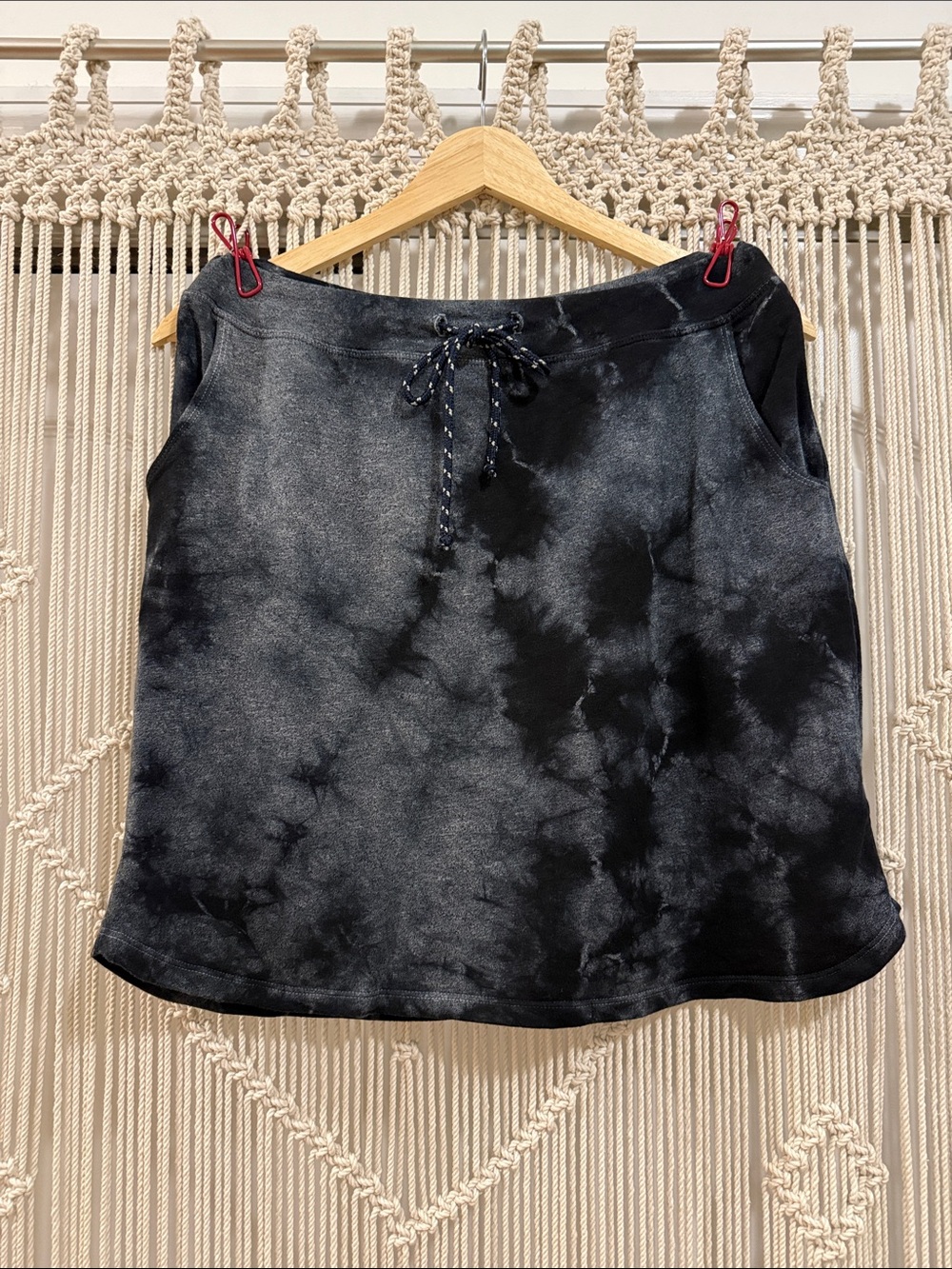 Sundry Black Tie-Dye French Terry Pull-On Mini Skirt Drawstring